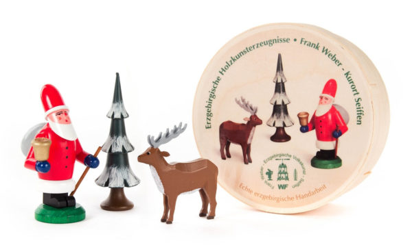 Handmade German Miniature Santa, Deer, and Tree in a Round Gift Box