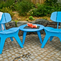      These Coco chairs are shown in Sky Blue with a little Satellite side table for drinks and snacks.